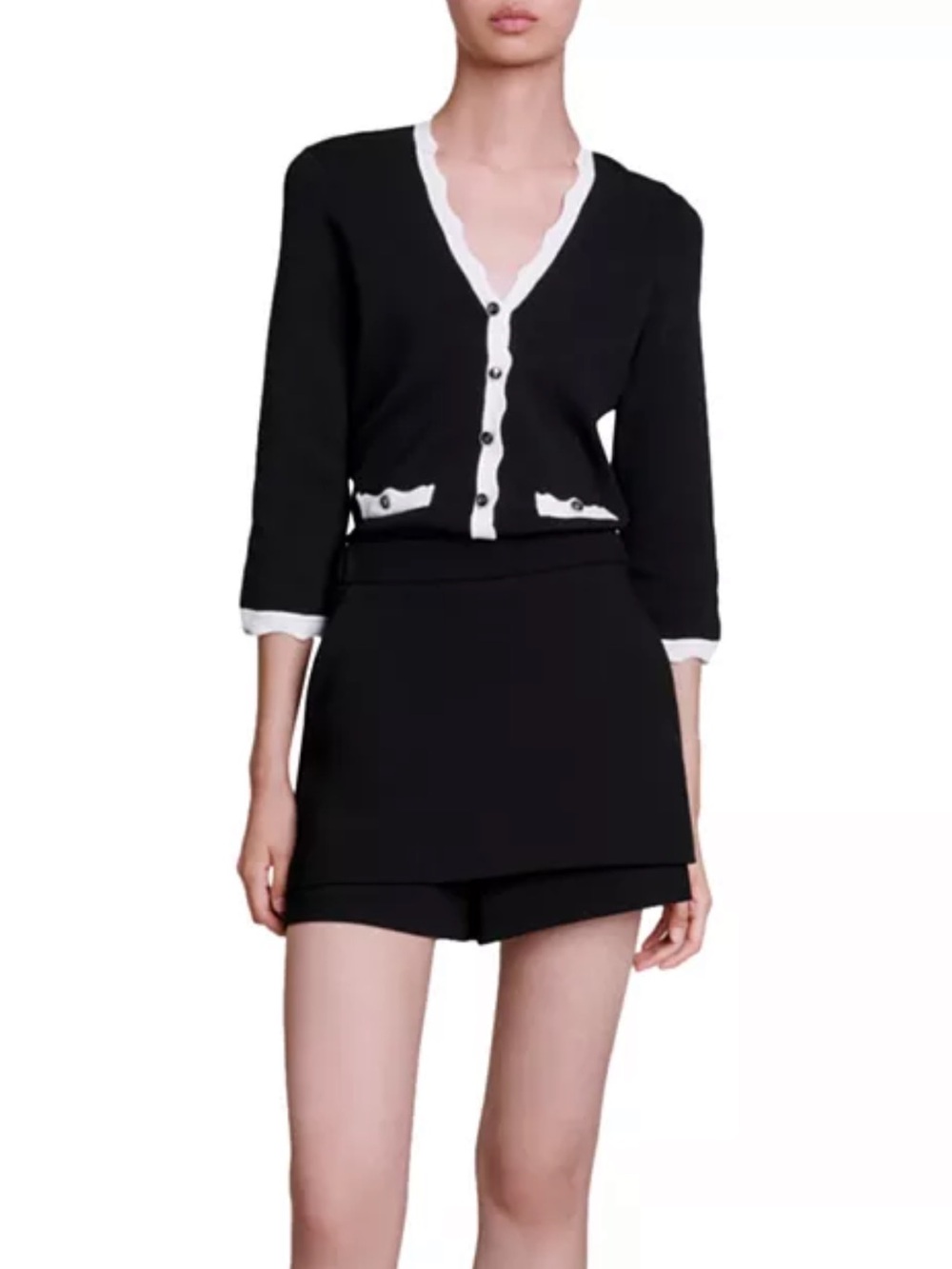 Maje Molinette Black and White V‑Neck Women's Cardigan Sweater